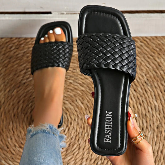 Summer Women's Sandals Luxury Fashion Flat Bottom Slippers Casual Simple Solid Colour One Word Woven Strap Sandy Beach Sandals - memorylane shop