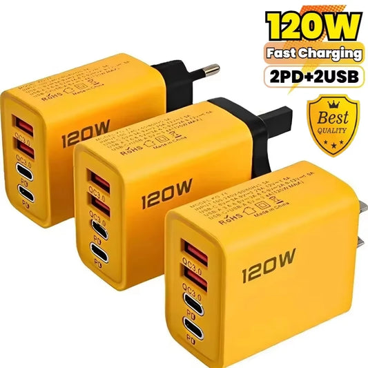  120W 4-Port Fast Charger — USB-C PD + Quick Charge 3.0 Wall Adapter for iPhone 16, Xiaomi, Huawei Phone Charger memorylane shop