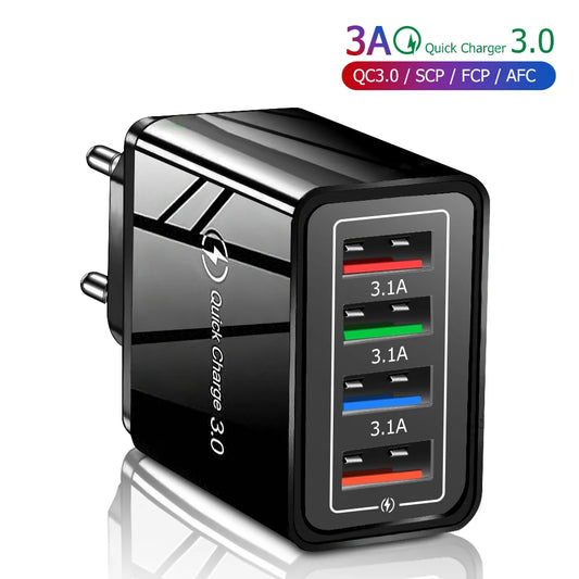  20W 4-Port USB Wall Charger — Quick Charge 3.0, EU/US Plug for iPhone 16, Samsung, Xiaomi Phone Charger memorylane shop