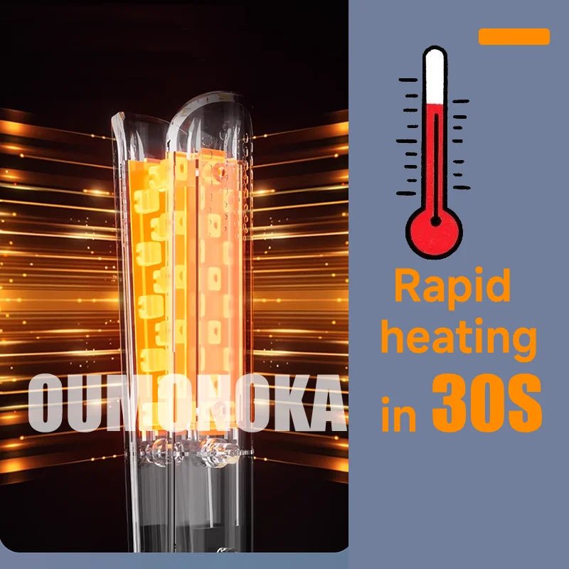 Glass product with 'OUMOKA' branding and text about rapid heating in 30 seconds on a blue background.