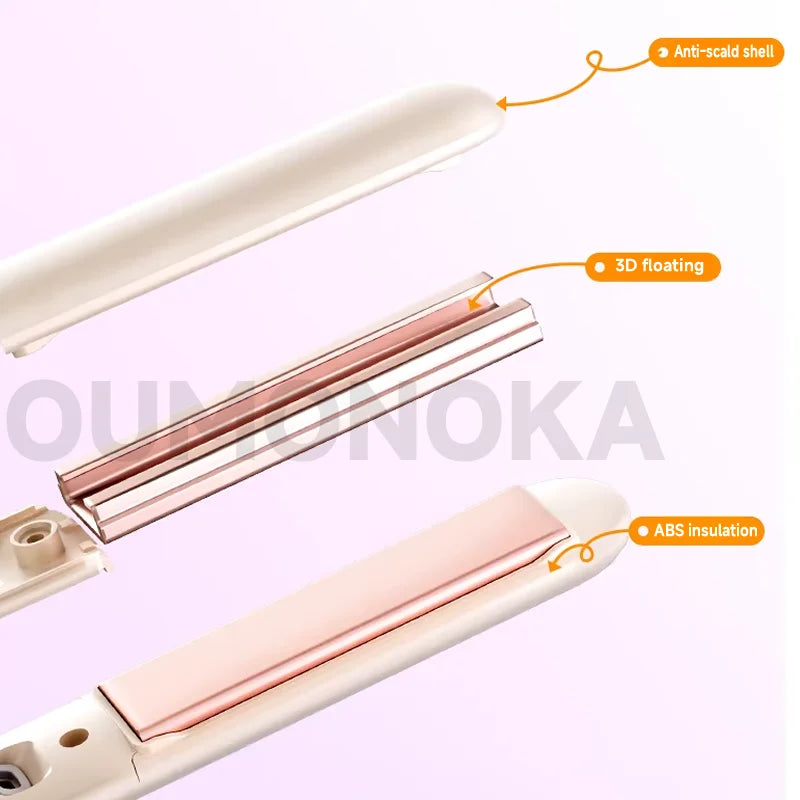 Hair straightener with labeled features on a light purple background, featuring the brand 'NOKA'.