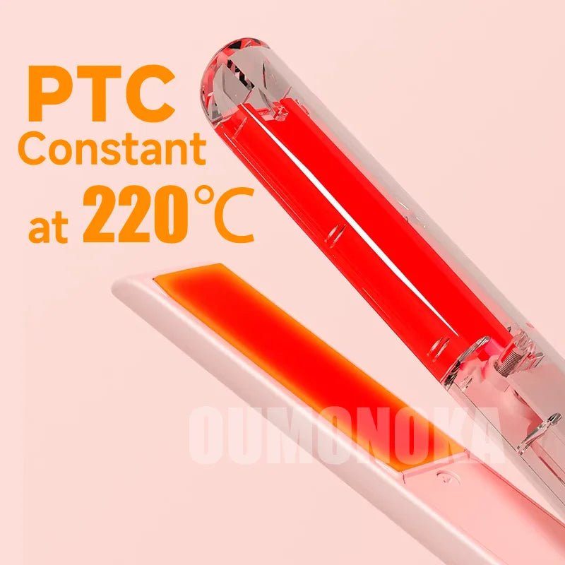 Red heating element with 'PTC Constant at 220°C' text on a pink background