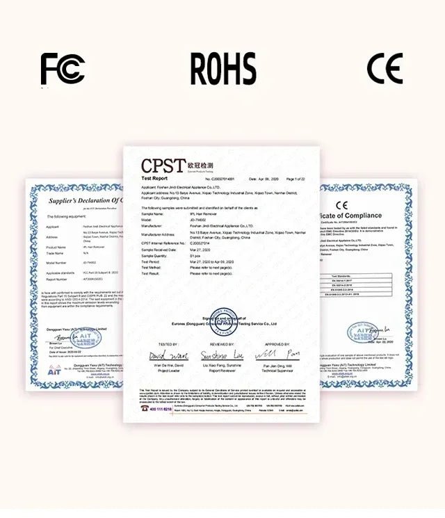 Three certification documents with FCC, ROHS, and CE logos on a white background