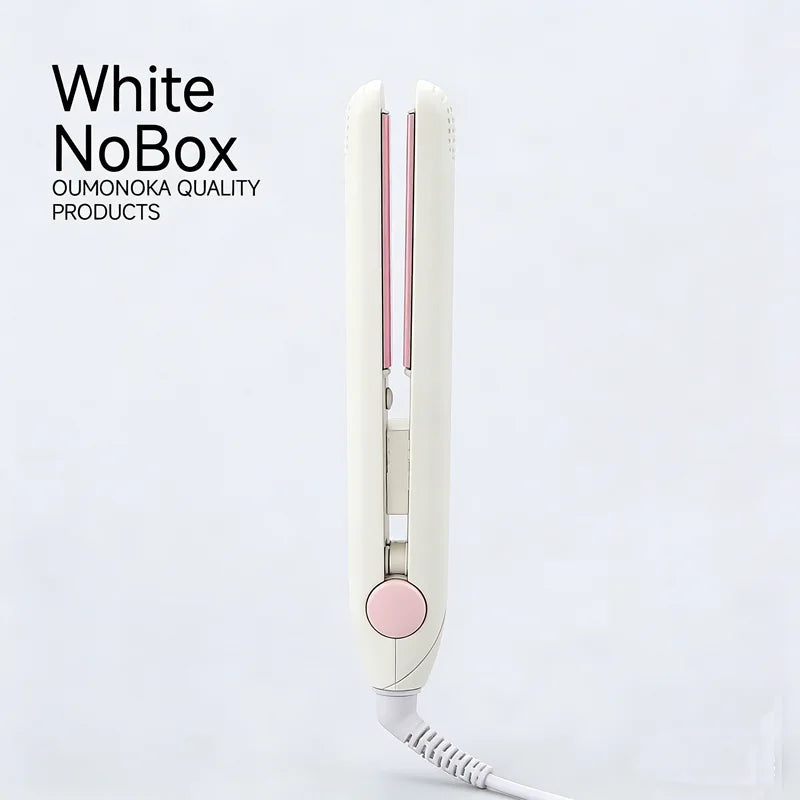 White hair straightener with pink accents on a light gray background, featuring 'White NoBox' branding.