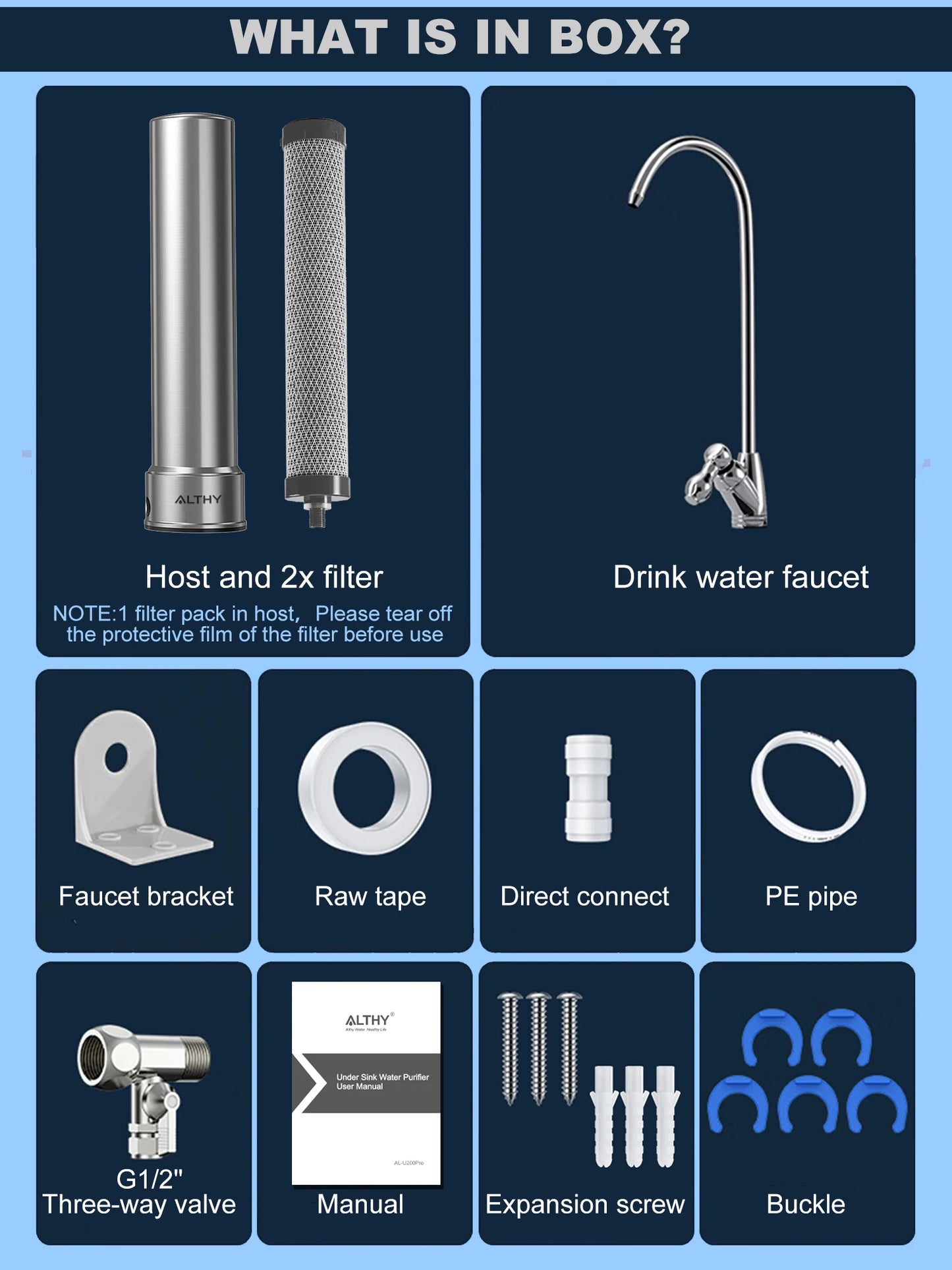 ALTHY U200PRO Kitchen Under Sink Drinking Water Filter Purifier 5 in 1, Stainless Steel Filtration System With Faucet - memorylane shop
