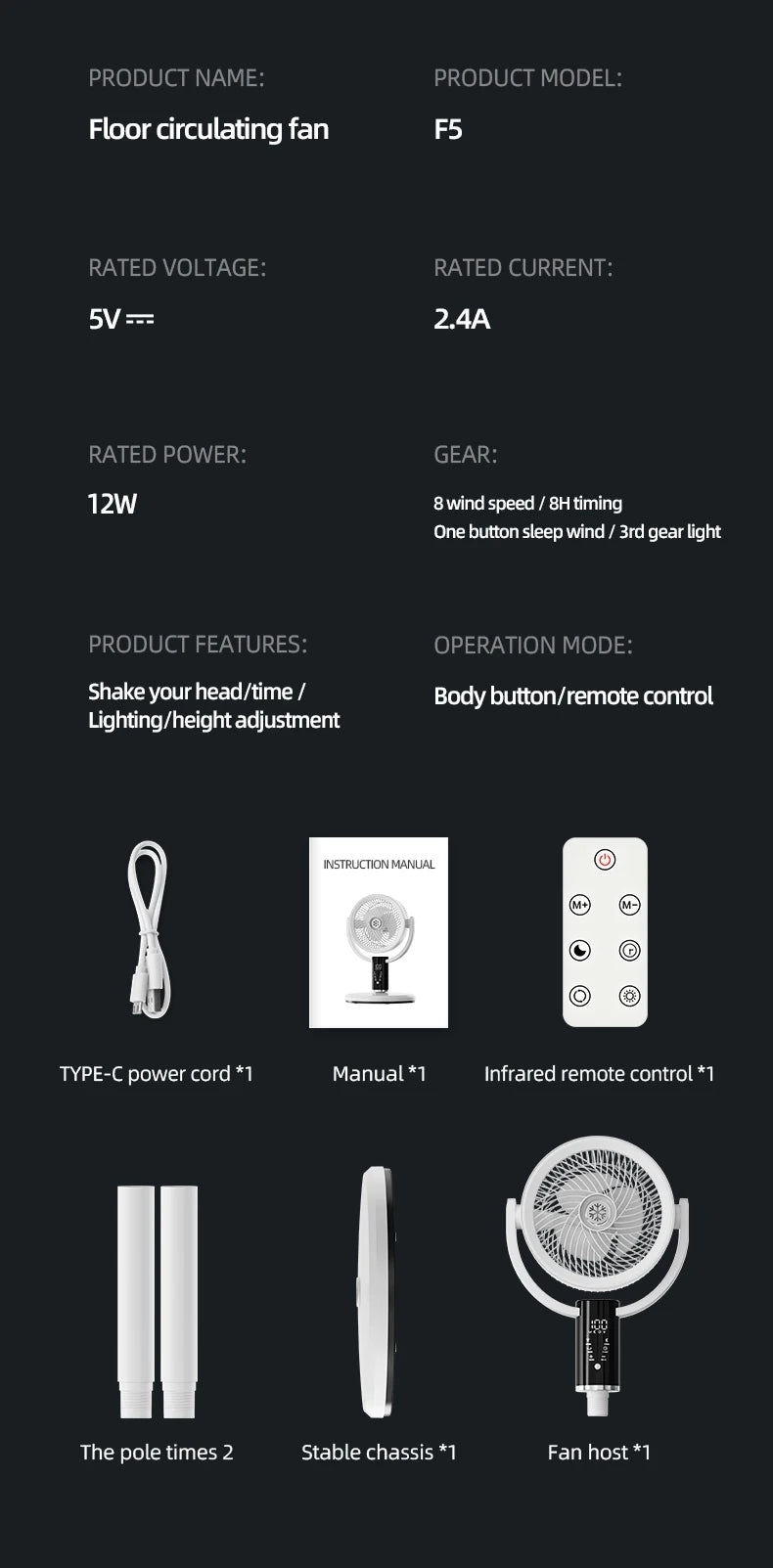 Floor Standing Fan Remote Control 6000mAh USB Rechargeable Height Adjustable Air Circulator for Camping Home Office Sturdy Base - memorylane shop