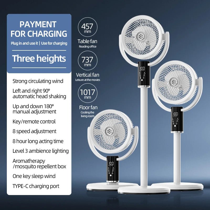 Floor Standing Fan Remote Control 6000mAh USB Rechargeable Height Adjustable Air Circulator for Camping Home Office Sturdy Base - memorylane shop