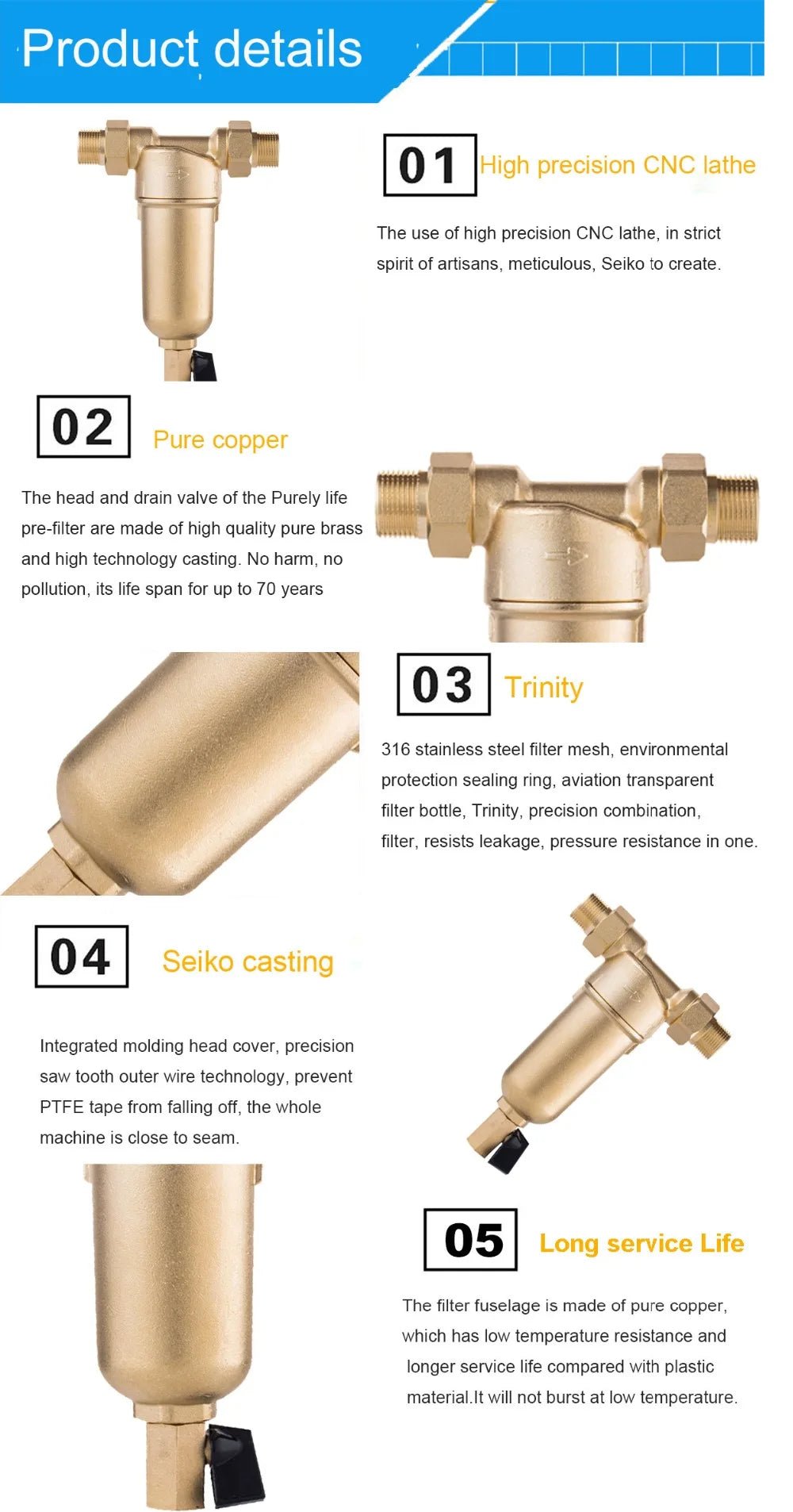 Hot Water siphon backwash Prefilter Purifier system 40micron stainless steel mesh copper Cover whole house Pre - filter - memorylane shop
