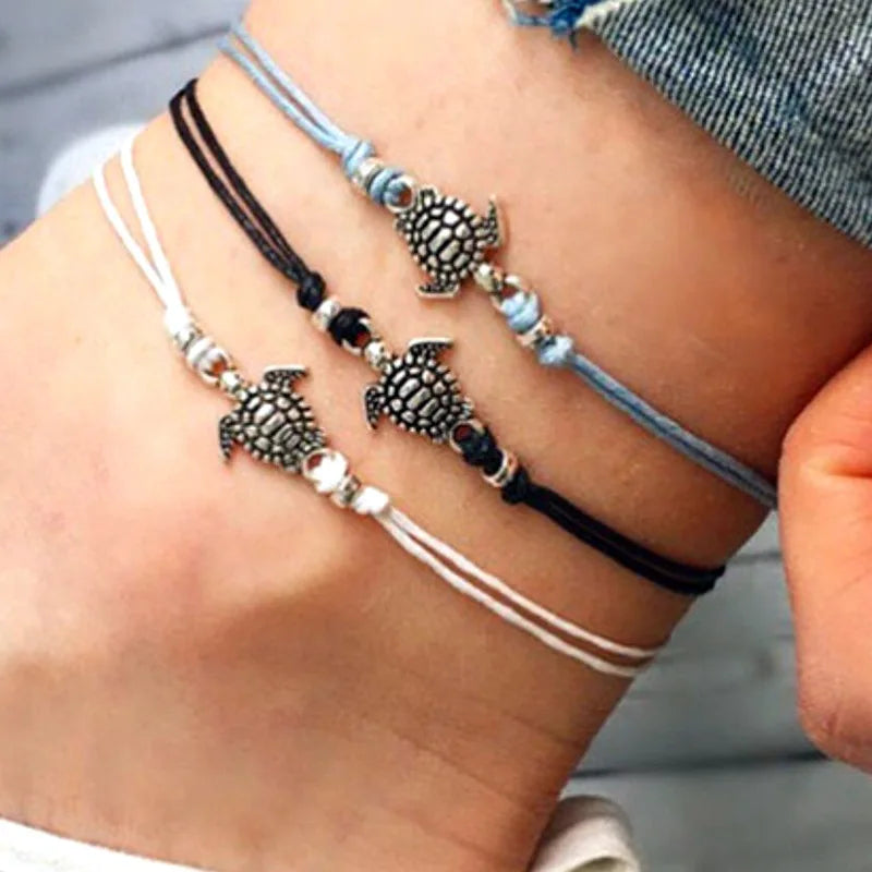 Women's Vintage Turtle Crochet Wax Rope Anklet – Beach Barefoot Jewelry