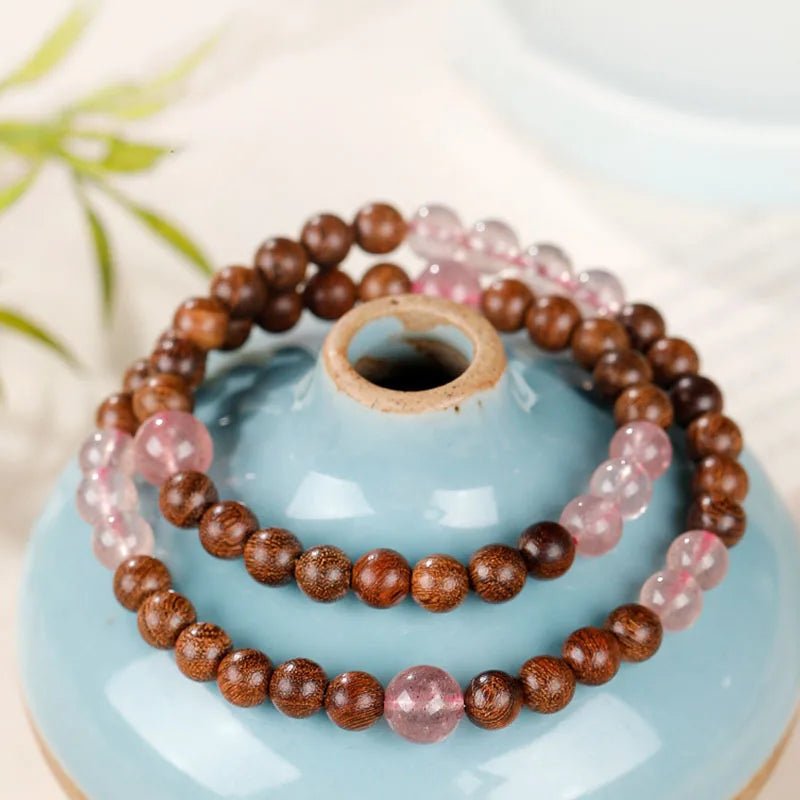 2026 natural golden sandalwood strawberry quartz lucky beads double layer beaded bracelet for women men summer fresh gift for gi - memorylane shop