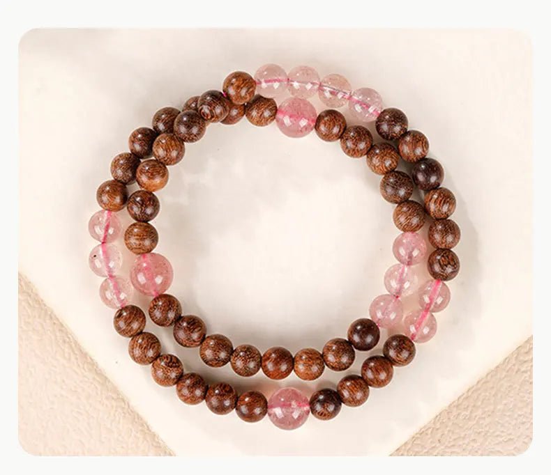 2026 natural golden sandalwood strawberry quartz lucky beads double layer beaded bracelet for women men summer fresh gift for gi - memorylane shop