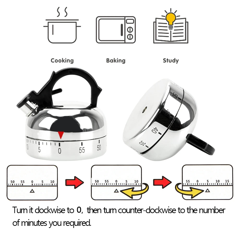 60-Minute Mechanical Kitchen Timer – Kettle Shape Countdown Alarm