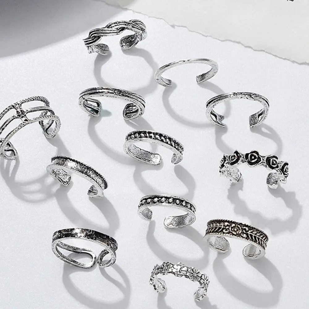 12pcs Summer Toe Rings For Women Outdoor Beach Vacation Open Adjustable Metal Women's Foot Ring Heart Foot Ring Set - memorylane shop