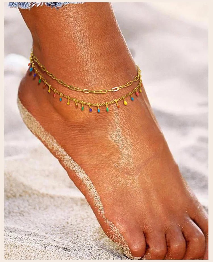 Summer Beach Boho Anklets for Women, Doule Layered Colorful Tassel Foot Chain Ankle,adjustable Leg Bracelets Bodychain Gifts - memorylane shop