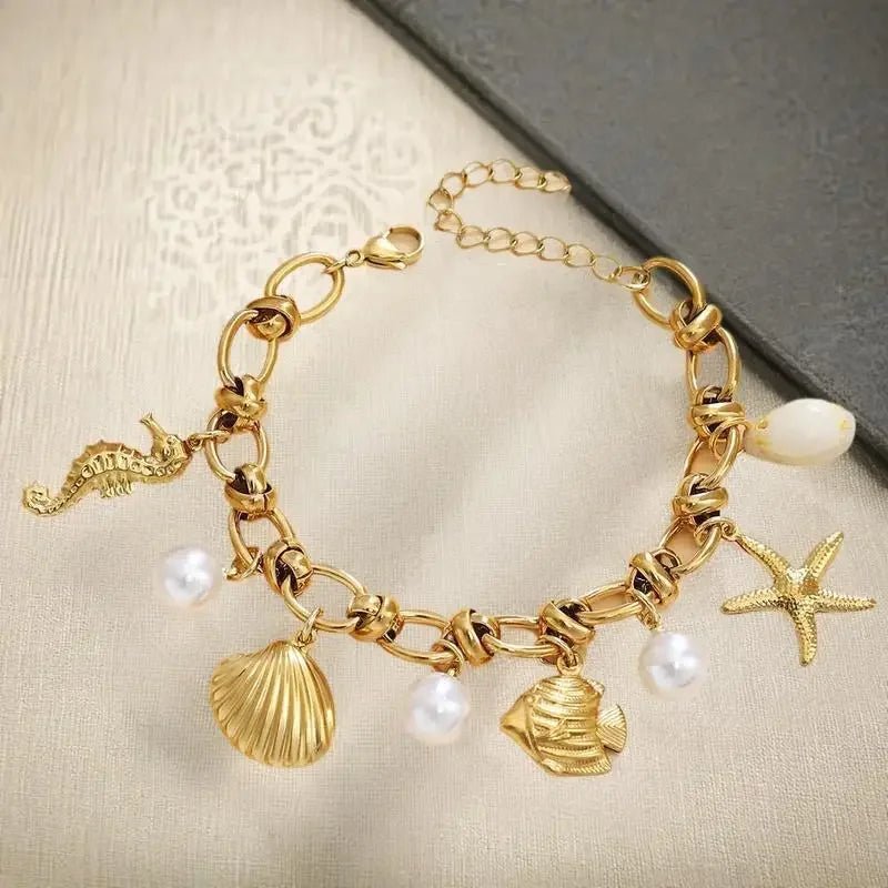 Summer Beach Stainless Steel Bracelets For Women Starfish Shell Ocean Style Pendant Bohemian Jewelry Gift Fashionable ResortWear - memorylane shop