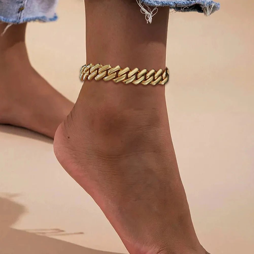 Summer 14MM Chunky Cuban Anklet For Women Gold - plated Rhombus Cuban Link Chain Anklets Beach Sandals Jewelry New - memorylane shop