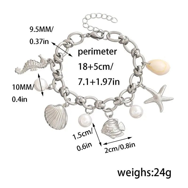 Summer Beach Stainless Steel Bracelets For Women Starfish Shell Ocean Style Pendant Bohemian Jewelry Gift Fashionable ResortWear - memorylane shop