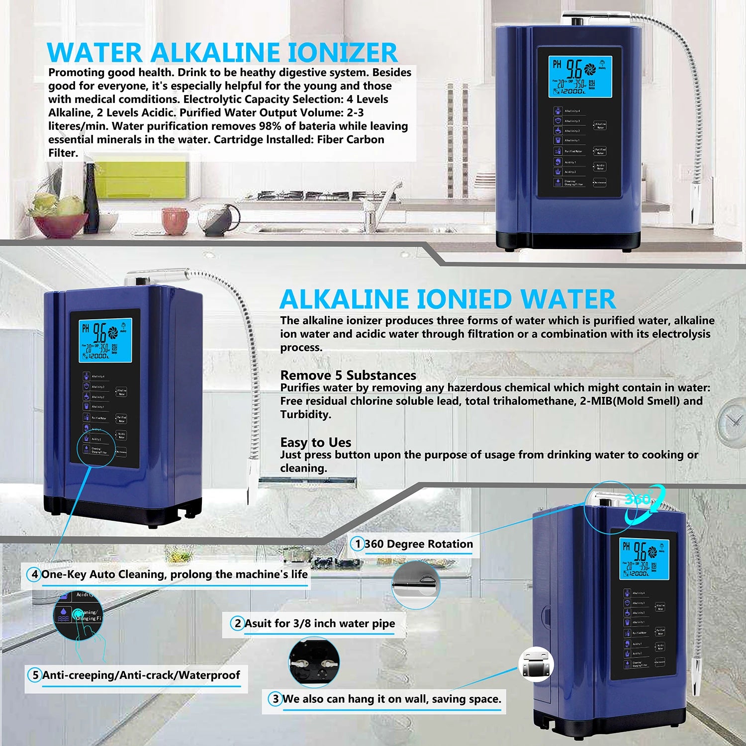 Alkaline Water Ionizer Hydrogen Generator Machine Purifier,Produces Ph 3.5 - 10.5 Alkaline Acid Water Water Filter System For Home - memorylane shop
