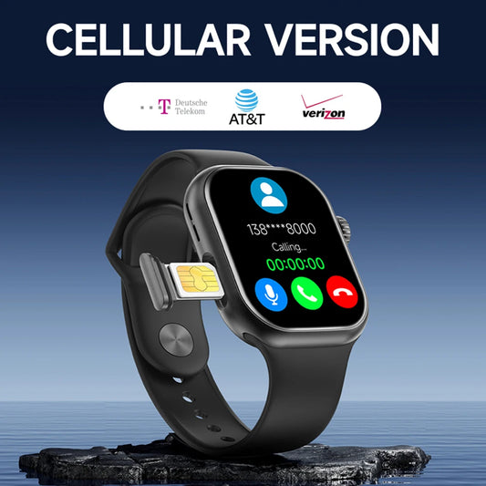 Smartwatch with cellular capabilities on a blue gradient background, featuring AT&T, Deutsche Telekom, and Verizon logos.