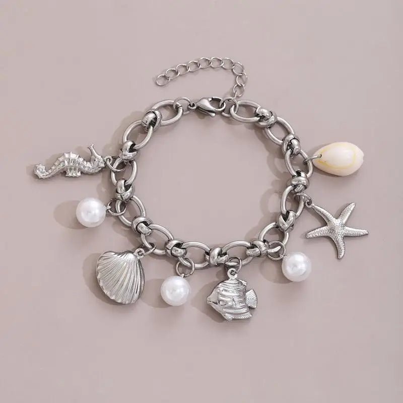 Summer Beach Stainless Steel Bracelets For Women Starfish Shell Ocean Style Pendant Bohemian Jewelry Gift Fashionable ResortWear - memorylane shop