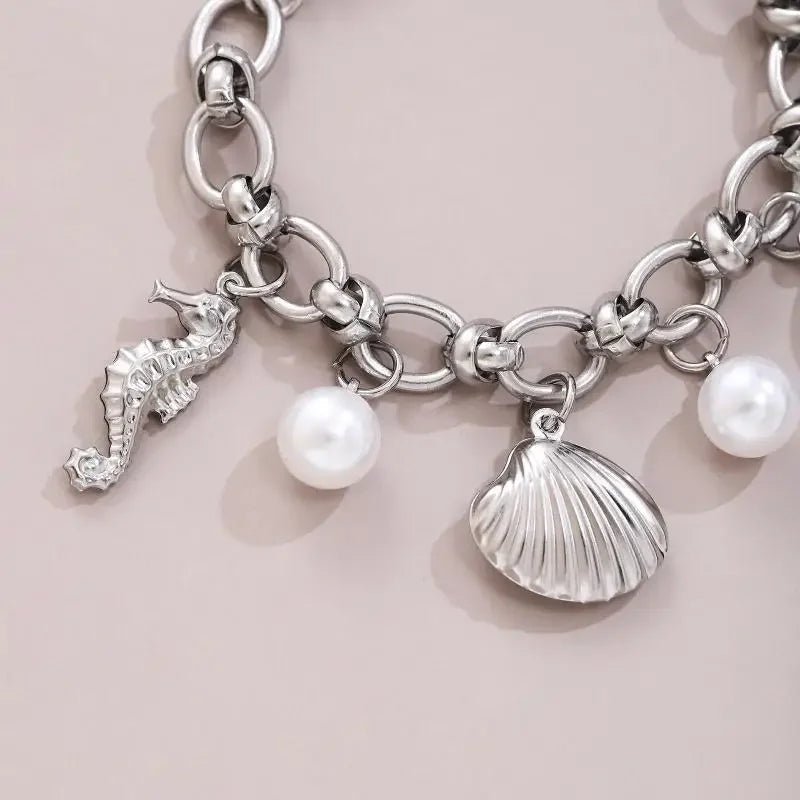 Summer Beach Stainless Steel Bracelets For Women Starfish Shell Ocean Style Pendant Bohemian Jewelry Gift Fashionable ResortWear - memorylane shop