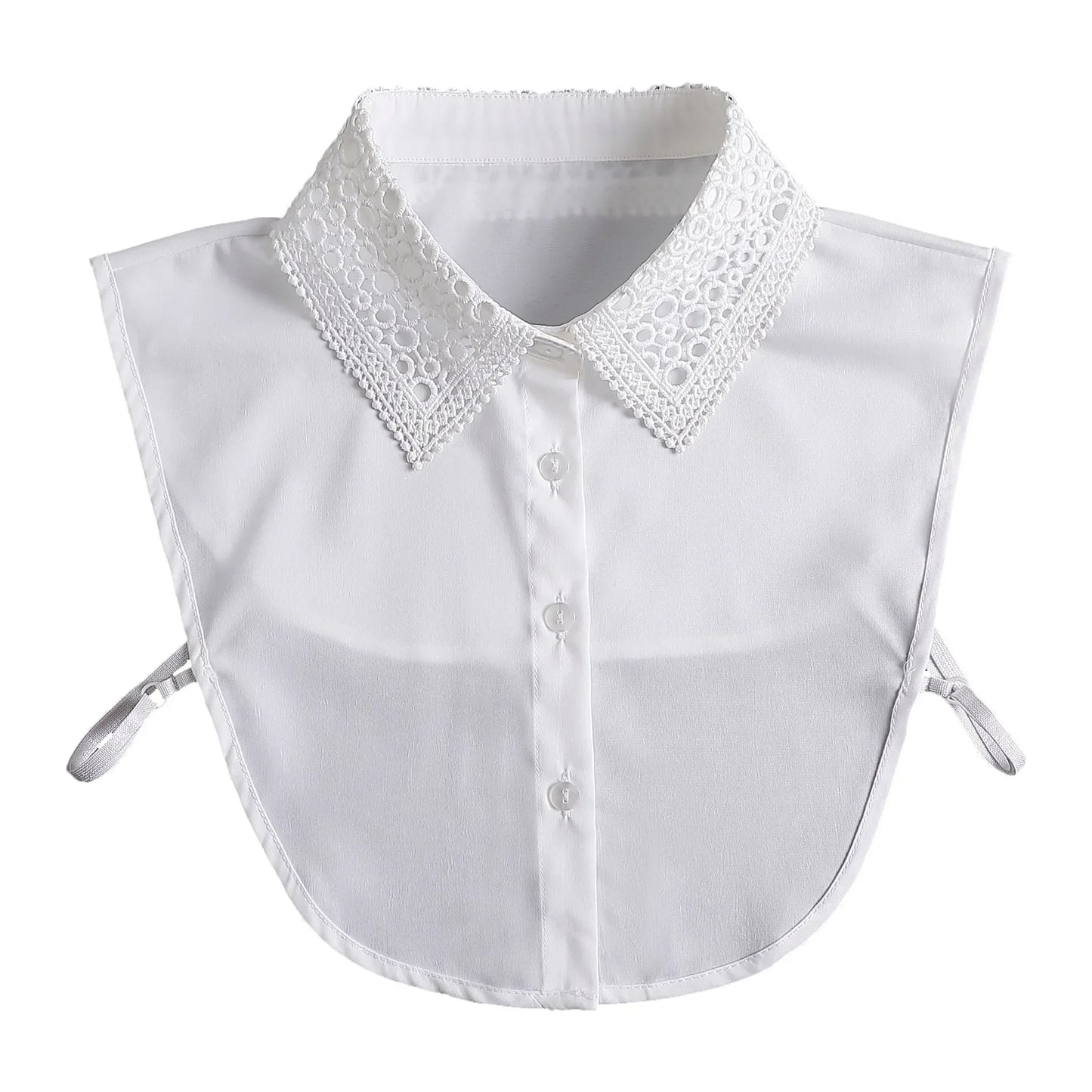 White lace collar attached to a white shirt on a white background