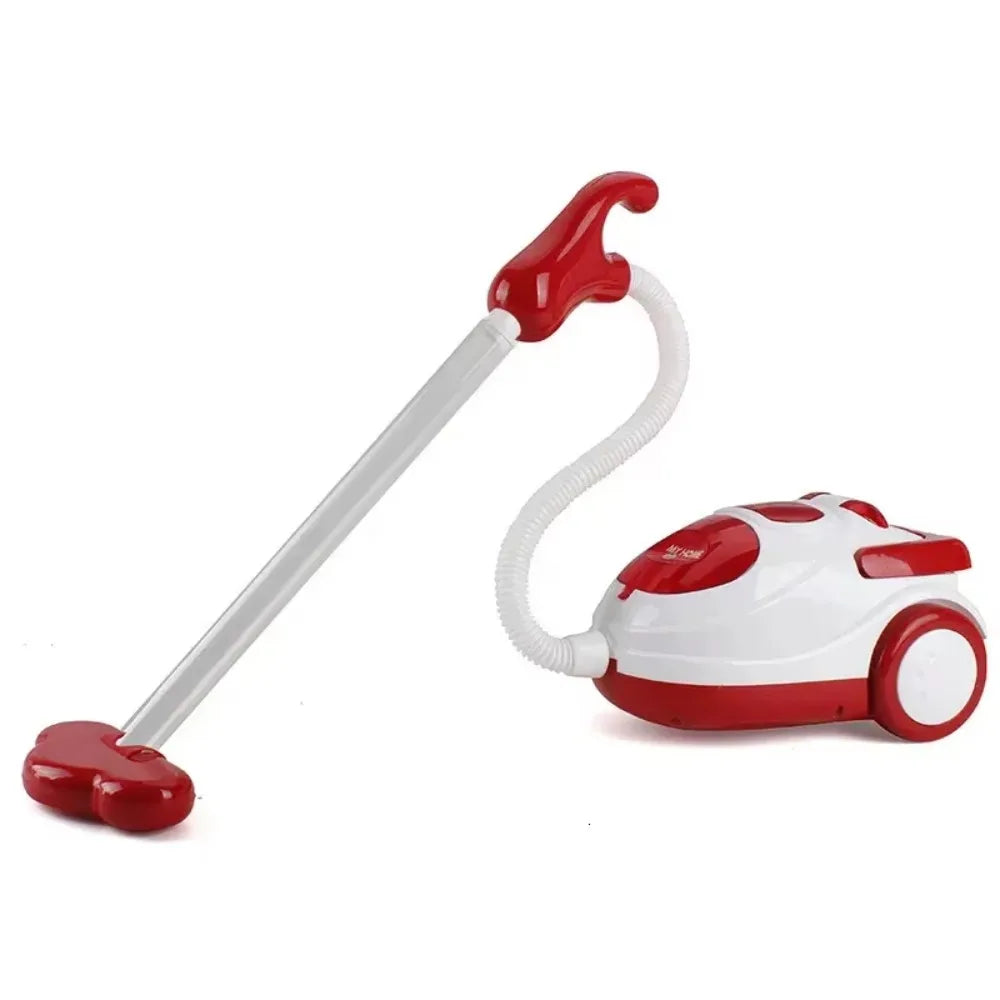 Red and white toy vacuum cleaner on a white background