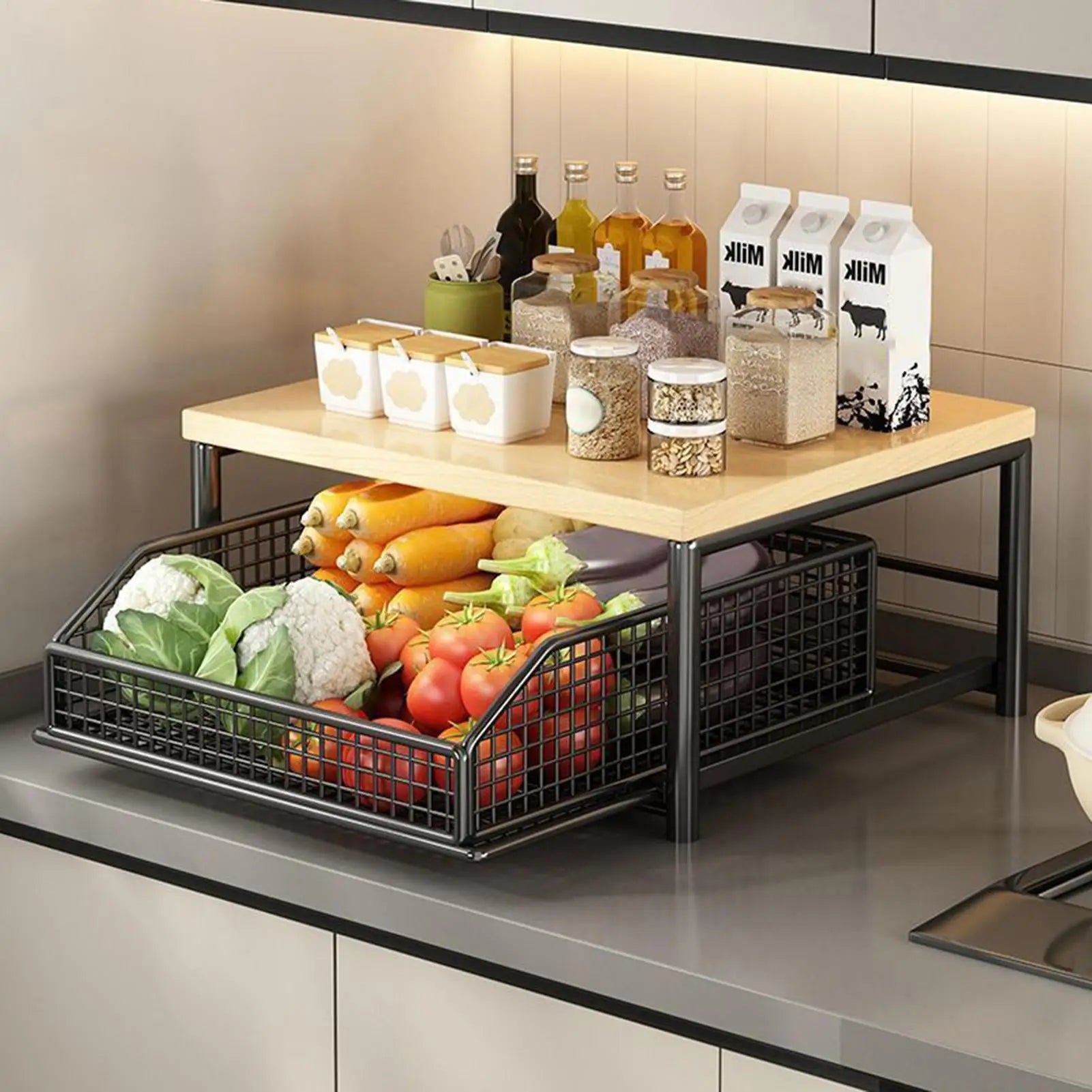 Wooden Kitchen Storage Rack with Drawer – Multi-Use Standing Shelf Organizer