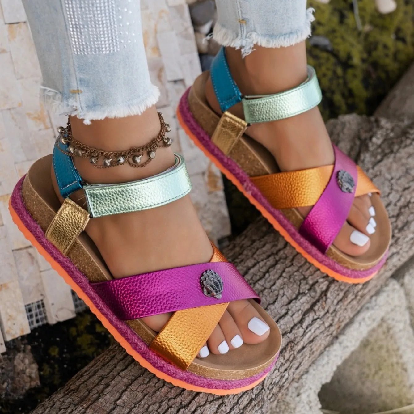 Summer Women Sandals 2026 Fashionable Color Ankle Strap Round Toe Thick Soled Female Shoes New Trendy Casual Comfort Sandals - memorylane shop