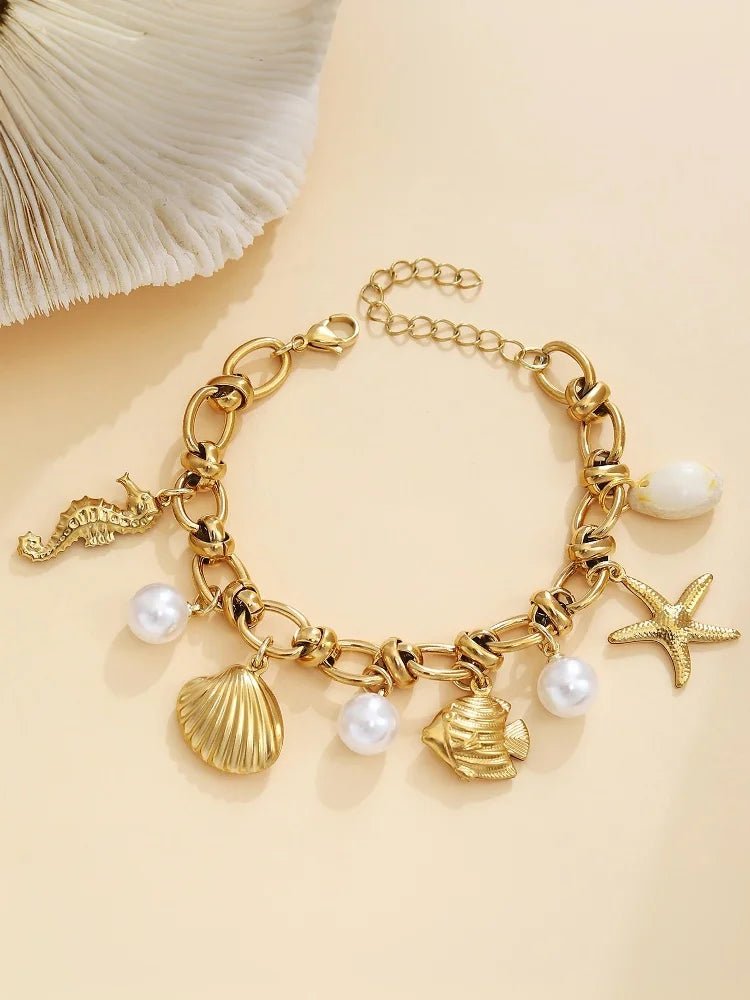 Summer Beach Stainless Steel Bracelets For Women Starfish Shell Ocean Style Pendant Bohemian Jewelry Gift Fashionable ResortWear - memorylane shop