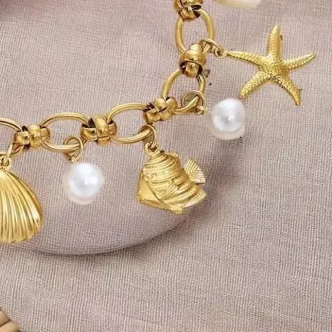 Summer Beach Stainless Steel Bracelets For Women Starfish Shell Ocean Style Pendant Bohemian Jewelry Gift Fashionable ResortWear - memorylane shop