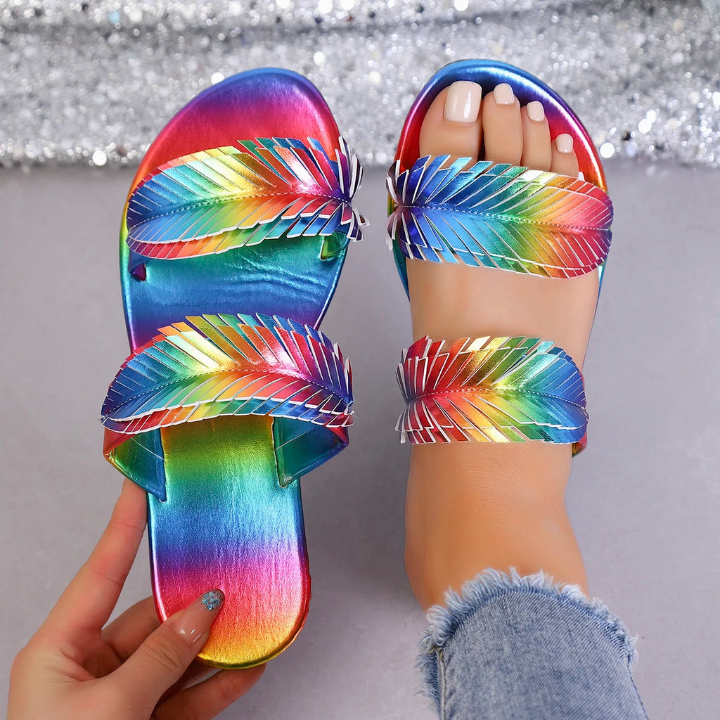 Summer New Flat Sandals for Women, Fashion Iridescent Gradient One-Strap Sandals, Internet-Famous Versatile Beach Shoes, Soft-Sl