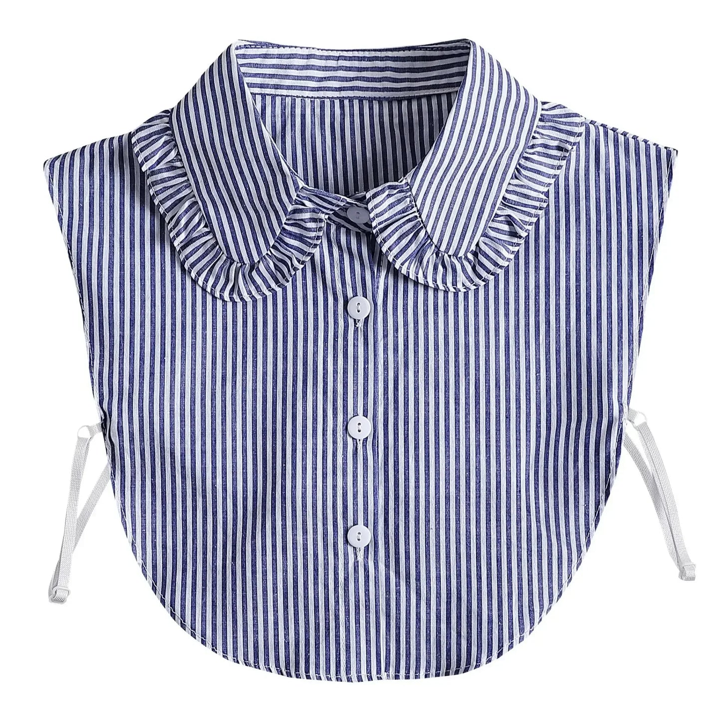 Blue and white striped shirt with ruffled collar on a white background
