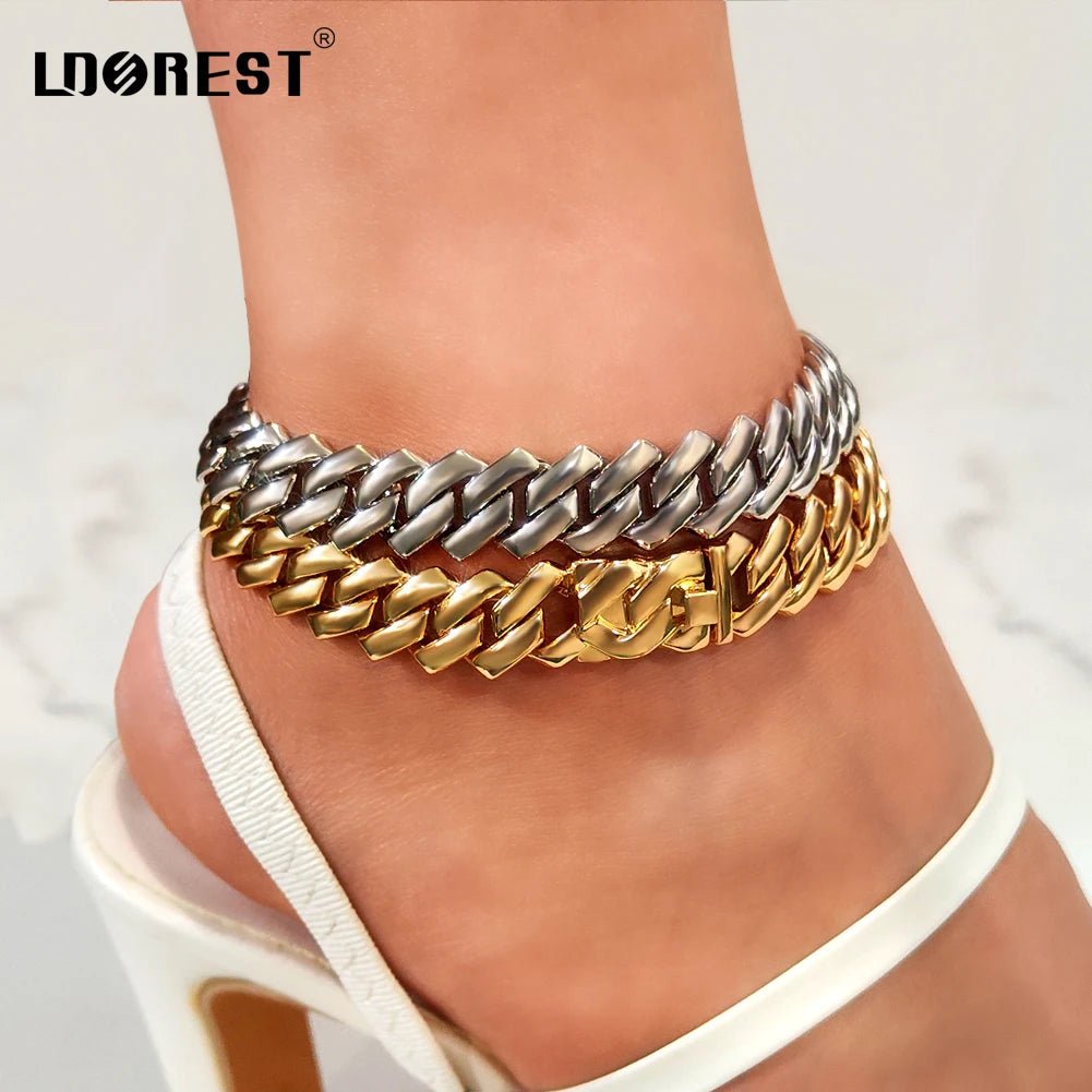 Summer 14MM Chunky Cuban Anklet For Women Gold - plated Rhombus Cuban Link Chain Anklets Beach Sandals Jewelry New - memorylane shop