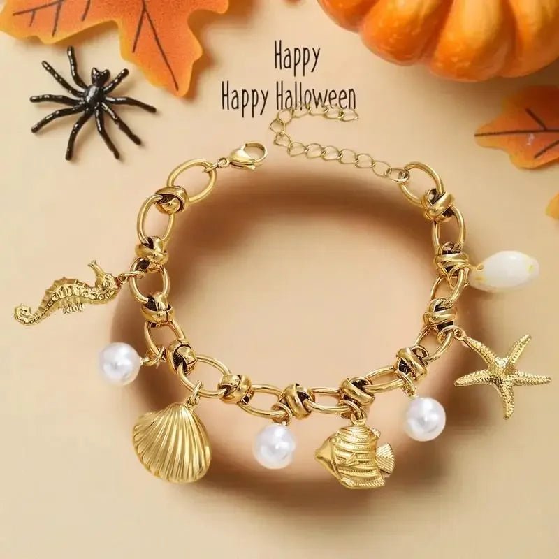 Summer Beach Stainless Steel Bracelets For Women Starfish Shell Ocean Style Pendant Bohemian Jewelry Gift Fashionable ResortWear - memorylane shop