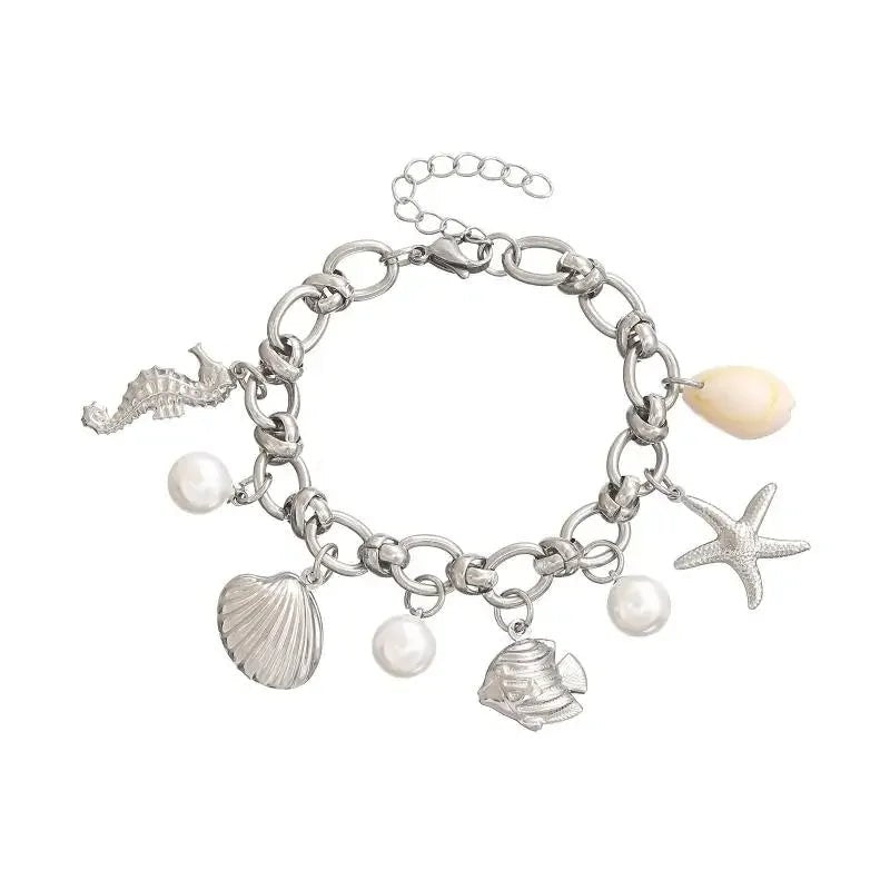Summer Beach Stainless Steel Bracelets For Women Starfish Shell Ocean Style Pendant Bohemian Jewelry Gift Fashionable ResortWear - memorylane shop