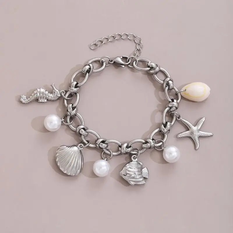 Summer Beach Stainless Steel Bracelets For Women Starfish Shell Ocean Style Pendant Bohemian Jewelry Gift Fashionable ResortWear - memorylane shop