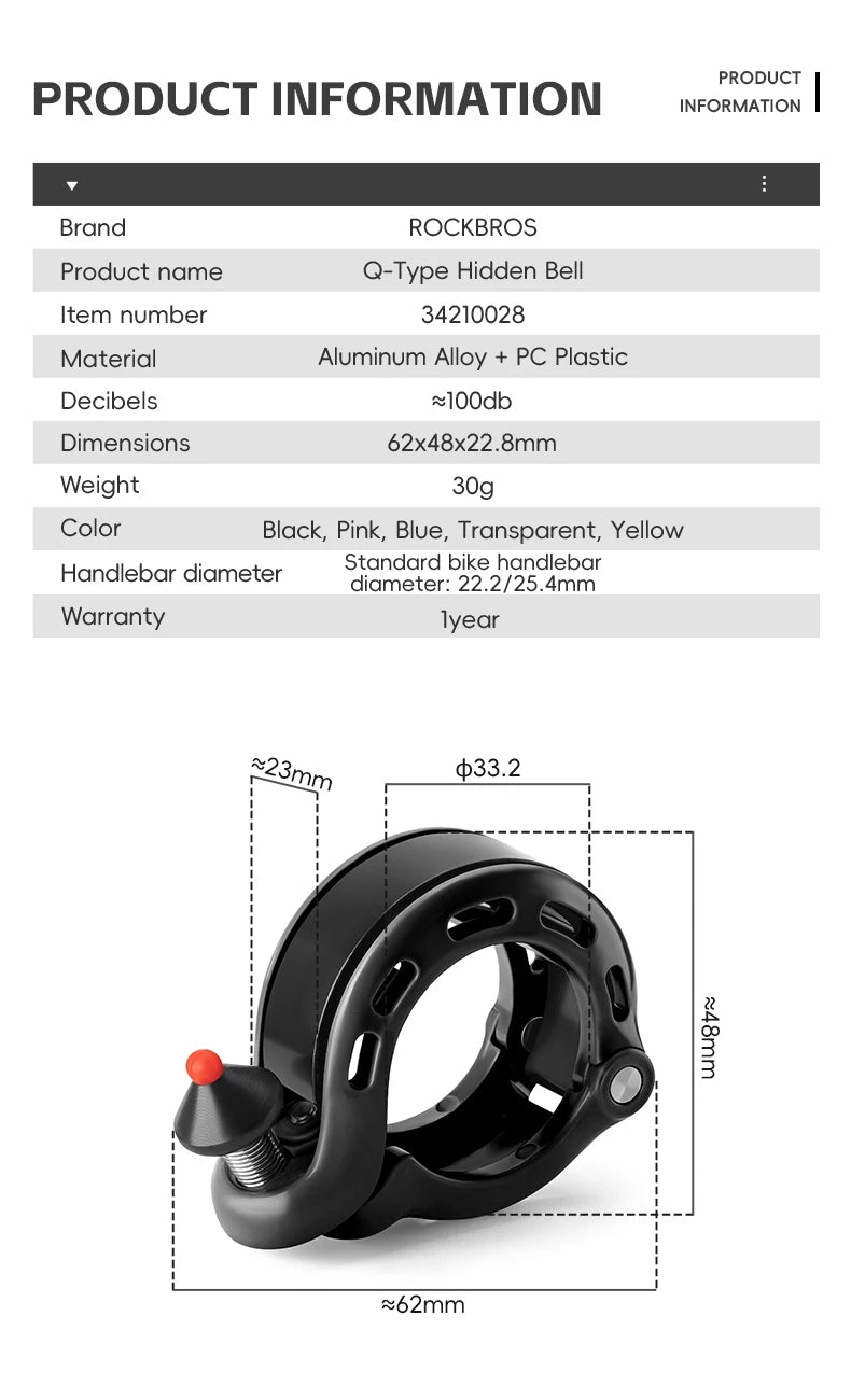 ROCKBROS Bicycle Bell Aluminium Alloy MTB Road Bike Horn Bike Ring Safety Cycling Handlebar Bicycle Hidden Alarm Bike Accessory - memorylane shop