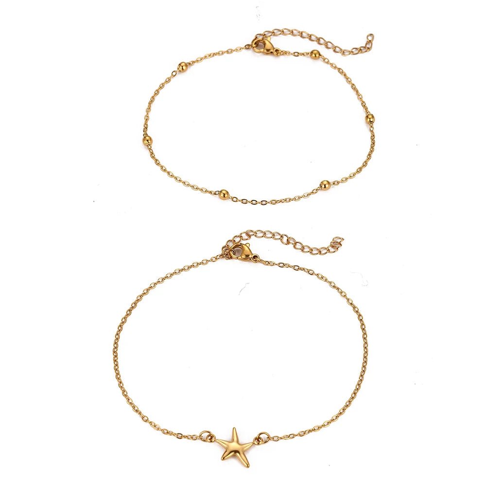 Summer Beach Starfish Pendant Anklet: Stainless Steel Women’s Double - Strand Beaded Anklet – Bohemian - Style Beach Footwear Gift - memorylane shop