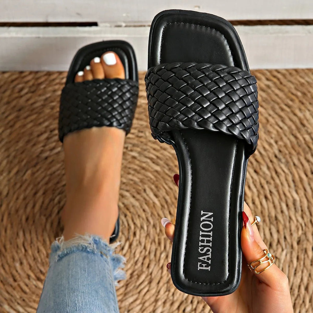 Summer Women's Sandals Luxury Fashion Flat Bottom Slippers Casual Simple Solid Colour One Word Woven Strap Sandy Beach Sandals - memorylane shop