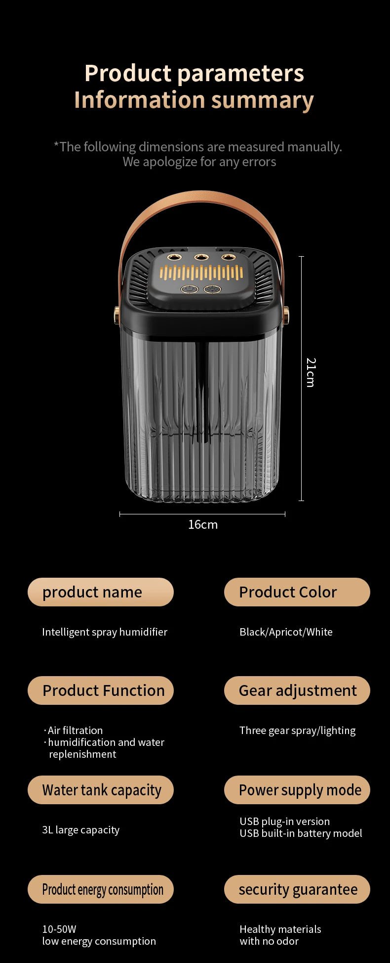 3L Air Humidifier 3 Nozzles Smart Cool Mist Humidifier For Home Bedroom Office night light USB Humidifier Diffuser - memorylane shop