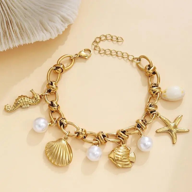 Summer Beach Stainless Steel Bracelets For Women Starfish Shell Ocean Style Pendant Bohemian Jewelry Gift Fashionable ResortWear - memorylane shop