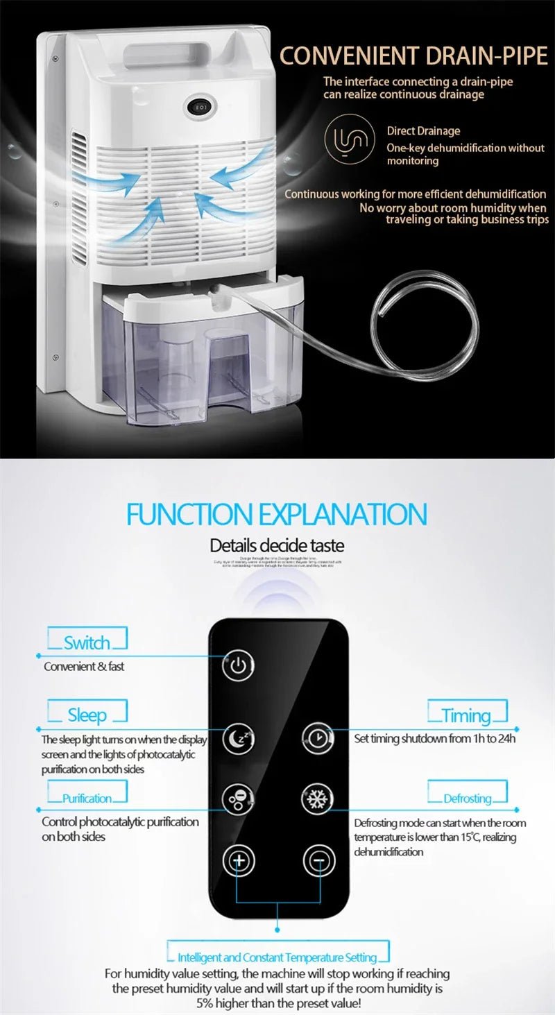 2 in 1 Dehumidifier and Air Purifier Moisture Absorber Household Mute Bedroom Basement Remote Control Timing External Water Pipe - memorylane shop