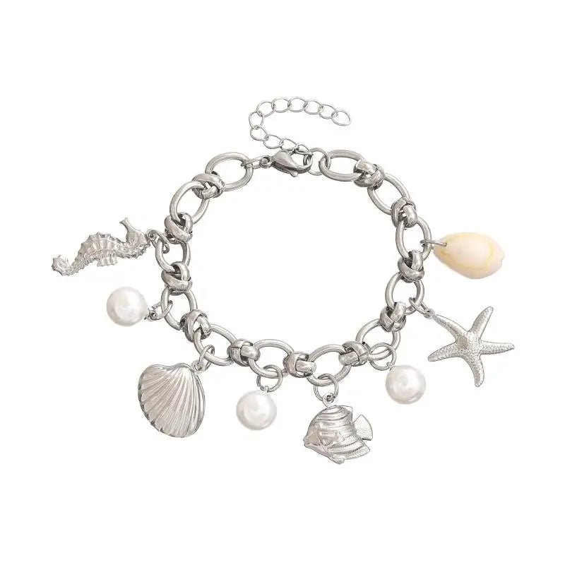 Summer Beach Stainless Steel Bracelets For Women Starfish Shell Ocean Style Pendant Bohemian Jewelry Gift Fashionable ResortWear - memorylane shop