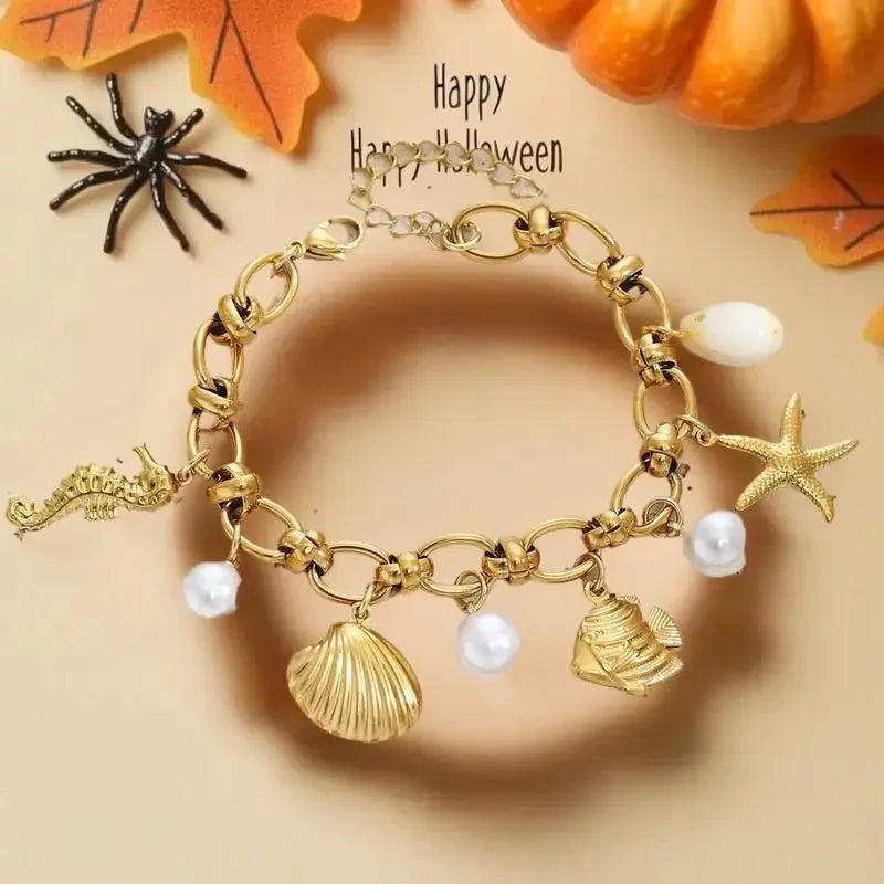 Summer Beach Stainless Steel Bracelets For Women Starfish Shell Ocean Style Pendant Bohemian Jewelry Gift Fashionable ResortWear - memorylane shop