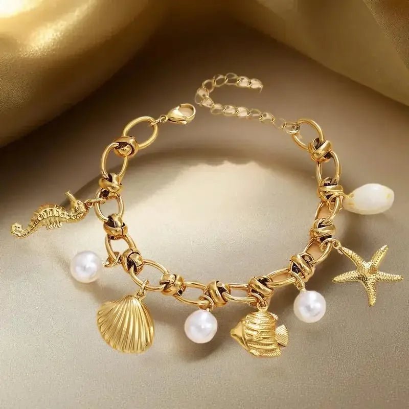 Summer Beach Stainless Steel Bracelets For Women Starfish Shell Ocean Style Pendant Bohemian Jewelry Gift Fashionable ResortWear - memorylane shop