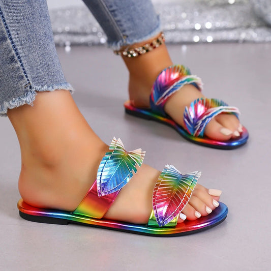 Summer New Flat Sandals for Women, Fashion Iridescent Gradient One - Strap Sandals, Internet - Famous Versatile Beach Shoes, Soft - Sl - memorylane shop