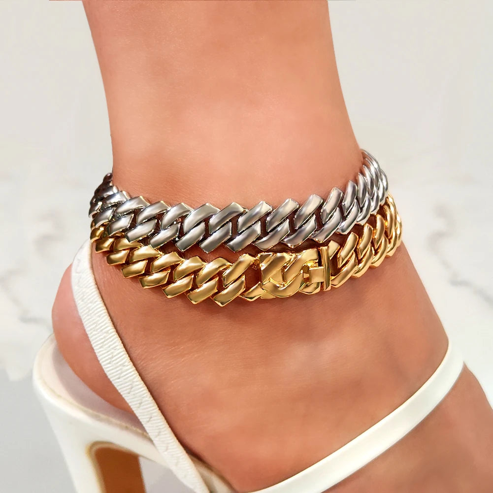 Women's 14mm Gold-Plated Chunky Cuban Link Chain Anklet