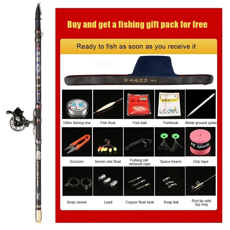 High Carbon Variable 4.5-10M Multi Positioning Hollow Fishing Rod and Reel Combo Set Ultralight Superhard Stream Hand Pole Set