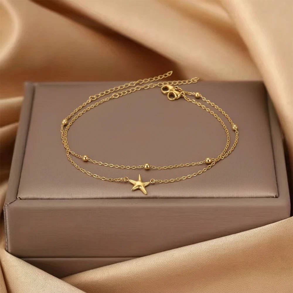 Summer Beach Starfish Pendant Anklet: Stainless Steel Women’s Double - Strand Beaded Anklet – Bohemian - Style Beach Footwear Gift - memorylane shop